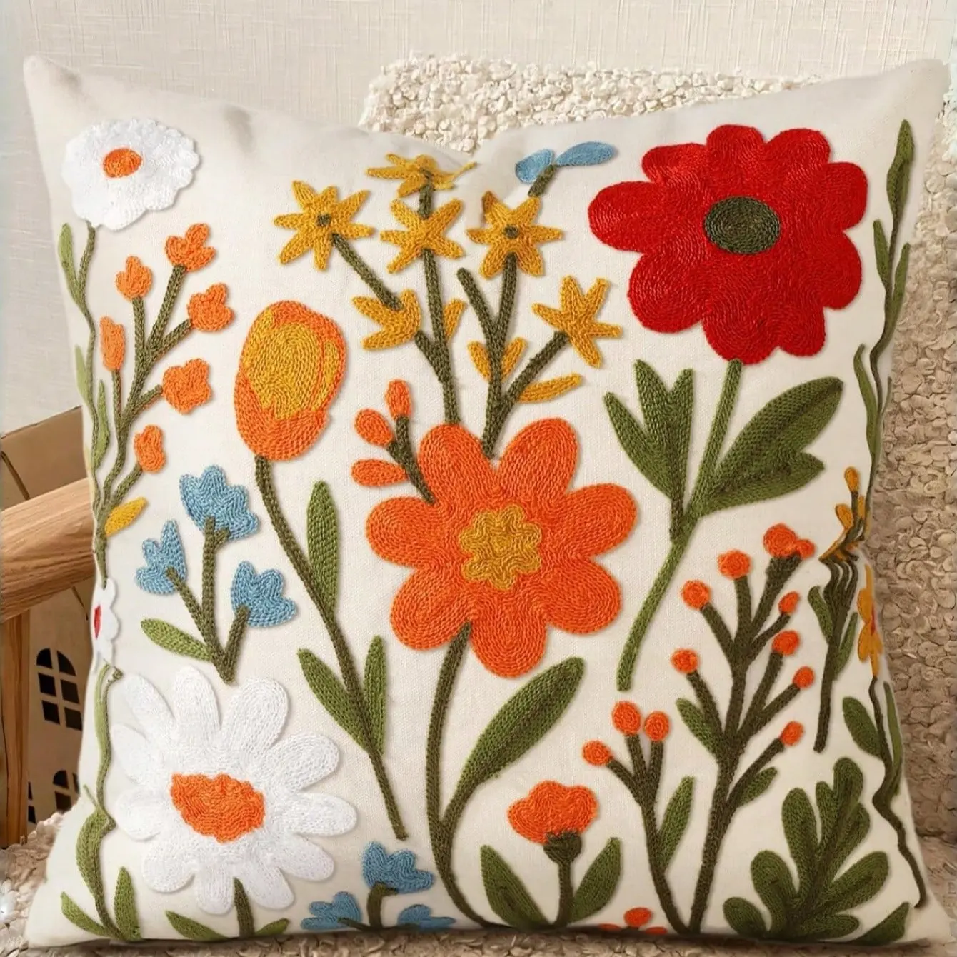 Colorful Botanical Floral Pillow Cover for that Perfect Aesthetic. 🌸 Handmade Textured Vibes to Level Up Your Sofa or Bedroom. Cozy Farmhouse Decor Must-Have! Bedroom Decorative Accessories