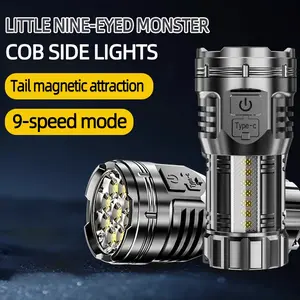 New Strong Light Flashlight, Rechargeable, 1800mah Battery, 9 High Bright LED Beads, High Lumens Flashlight, Multiple Lighting Modes, Side Lamp, Magnetic Tail, Ideal for Work, Repair, Exploration, Home Emergency