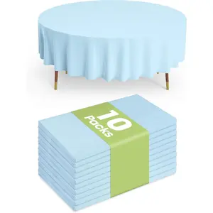 Plastic Table Cloth Disposable 10 Pack, 84'' Round Table Cloths, Easter Party, Picnic, Wedding, Decorative Tablecloths, Round, Blue Plastic Cover, Leakproof & Sturdy, Light Blue