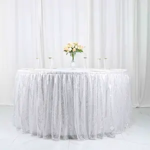 Sequin Table Skirt 17ft Silver - Pleated Satin With Top Velcro Strip Sparkly Table Cover