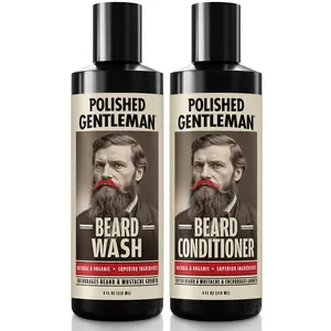 Polished Gentleman Beard Shampoo and Conditioner Set - Stimulates Hair Growth with Biotin Aloe Vera Tea Tree Oil & Coconut Oil for Fuller Stronger Healthier Beards