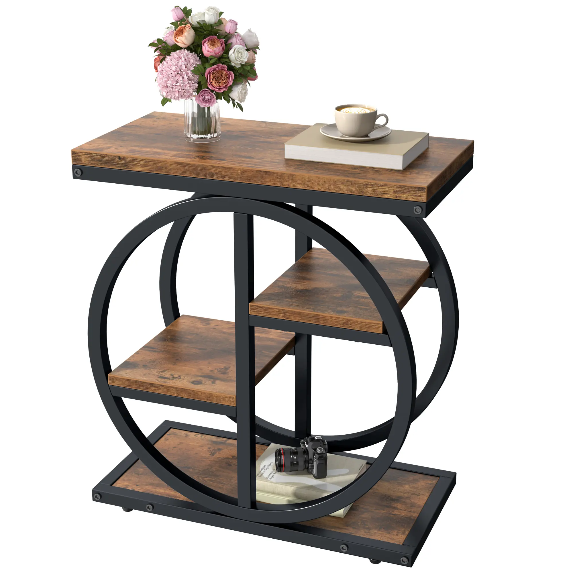 Semoic End Tables for Living Room 4-Tier Narrow Side Table with Storage Space Wood Slim Sofa Side Table with Geometric Metal Frame Industrial Skinny Nightstand and Bedside Table Rustic Brown