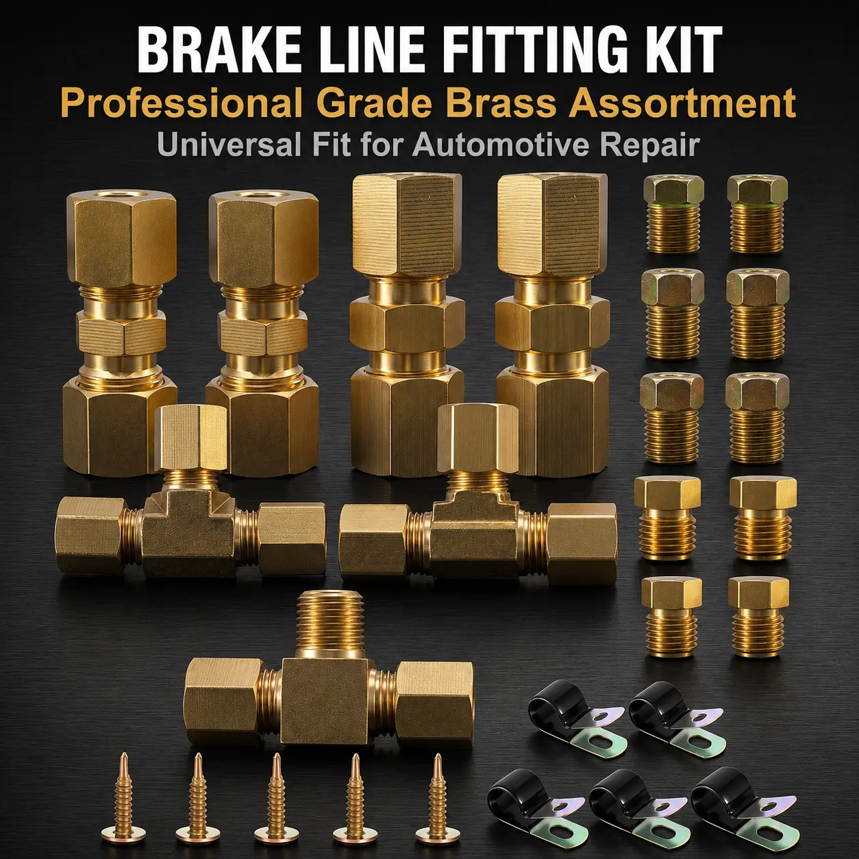 Brass Automotive Brake Line Repair Socket Sleeve Set, 3/16" & 1/4" OD Heavy Duty Leak-Proof Brake Fittings Kit with Tee Adapters, Plugs & Clips, Complete Universal Fit for Car Truck SUV Brake Line Repairs