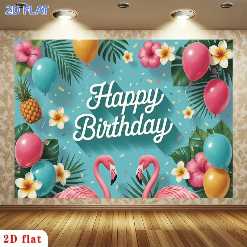 2D Flat Banner 1pc, [ for Party Backdrop] Banner, Happy Birthday, Pink Flamingos, Tropical Leaves, Hibiscus Flowers, Colorful Balloons Polyester Backdrop, for Party Decor Farm, Garden, Home, Room, Club, No