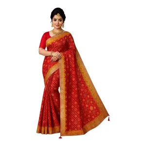Red & Yellow Suhagan Bandhani Saree with Heavy Zari Border Unstitched Blouse Included Traditional Bandhani Print Soft Silk Blend Fabric Perfect for Festive & Wedding Occasions