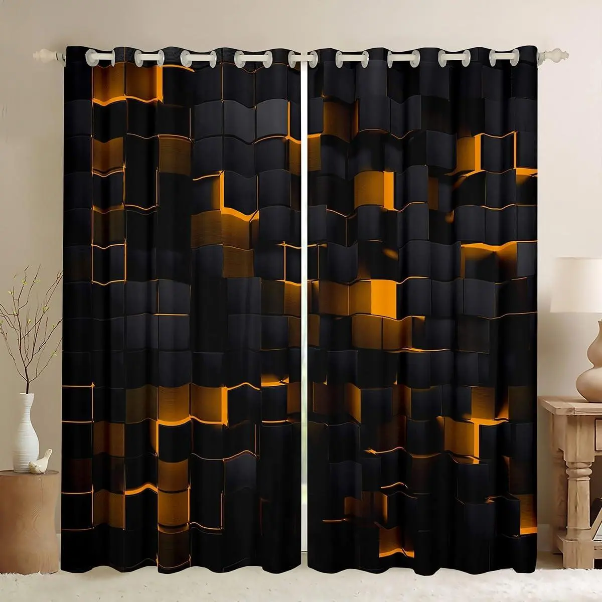 Orange and Black Darkening Drapes Neon Geometric Checkered 50% Blackout Curtains for Bedroom Living Room Stereoscopic Grid Plaid Window Curtains Neon Square Decor 2 Panels