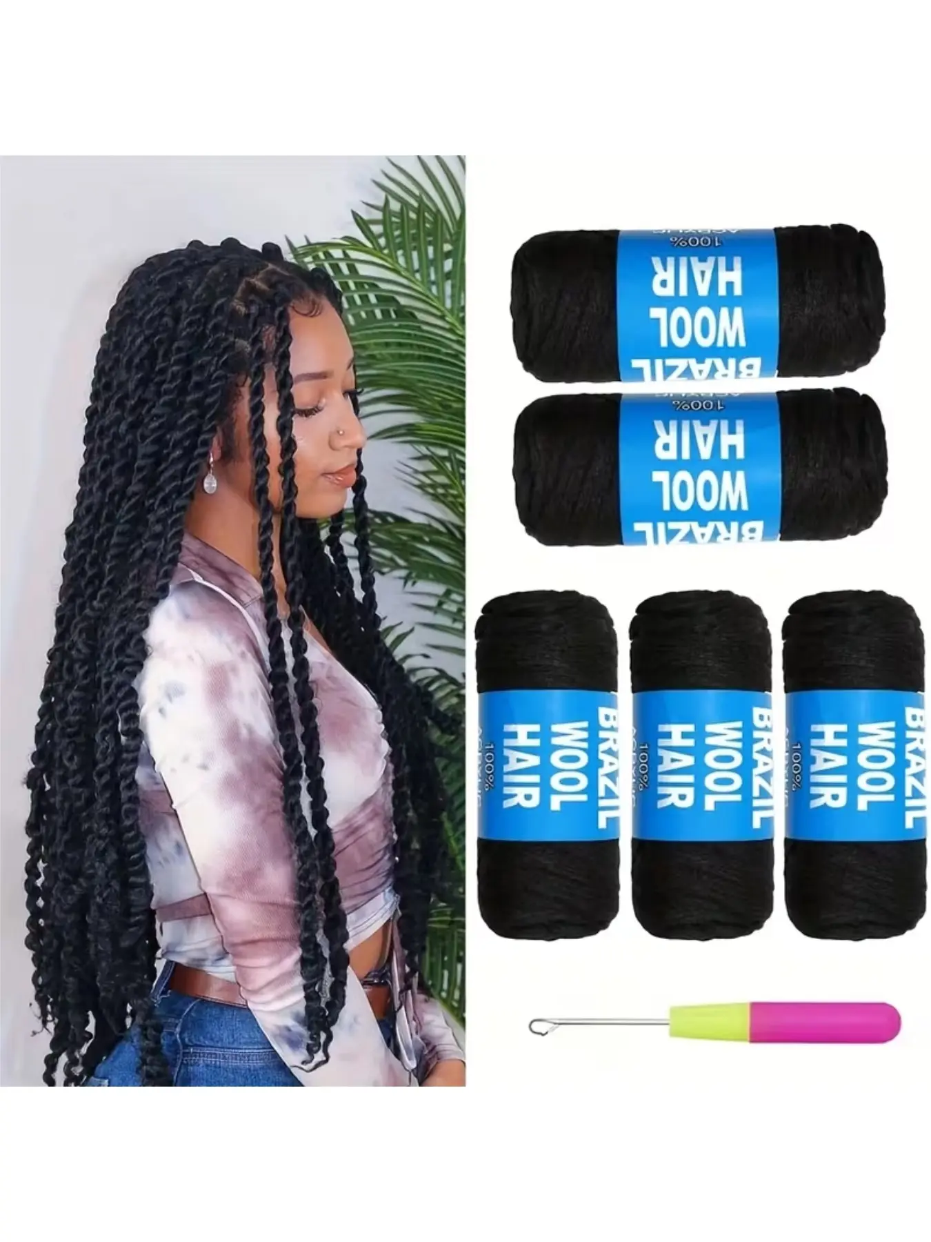 Brazilian Wool Hook Extensions, Synthetic Hair Extensions, Soft and Durable, Ideal for Braids, Box Braids, Halloween and Christmas, Medium Length, Straight Hair