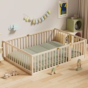 NEKODO Twin/Full/Queen Size Floor Bed with 21.6" High Fence, Solid Wood Multifunctional Montessori Bed Frame with Door for Kids Boys Girls, Without Slats, Natural