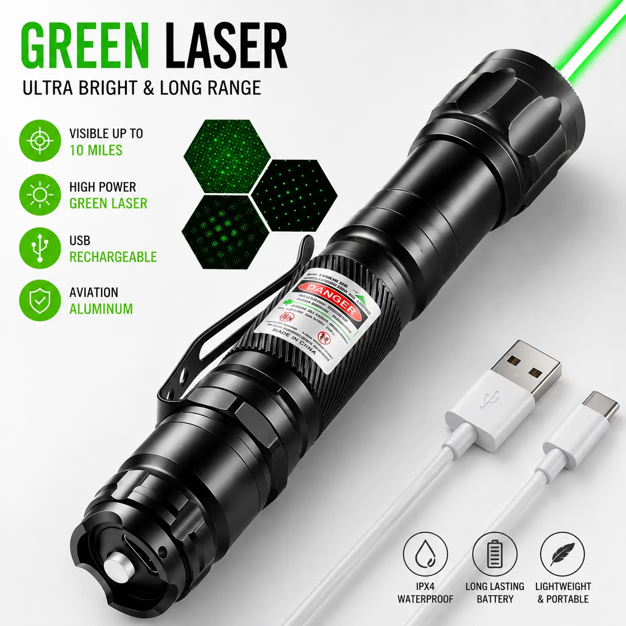 USB Rechargeable Green Laser Pointer - Pocket-Size Aluminum-Body Highlighter Light with Built-In Battery, USB Charger for Teachers, Camping & Outdoor Night Use (Safety-Focused, Power Bank Rechargeable) type-c fast charging hike emergency