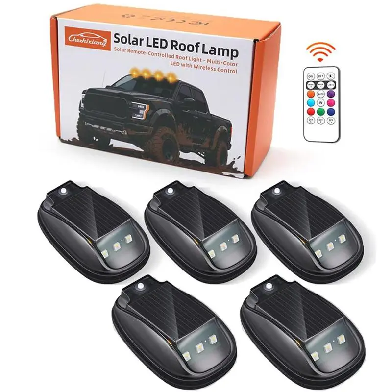 Wireless Solar Cab LED Roof Lamp, 5PCS No-Drill Truck Roof Top Marker Lights with 8-Color Waterproof LED, Vibration Sensor for Pickup SUV
