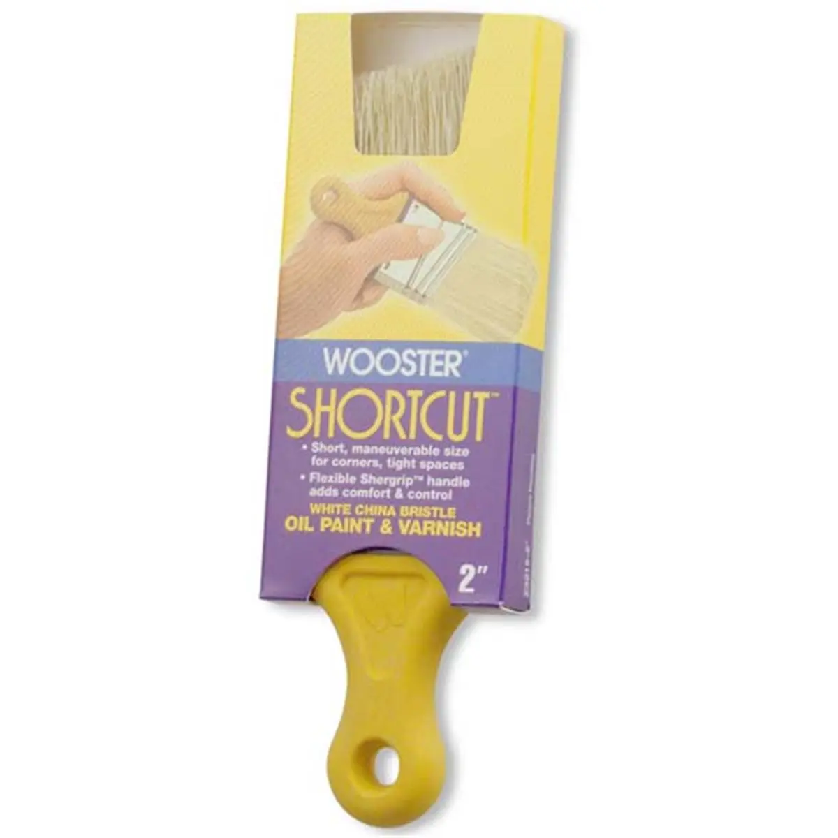 Wooster Shortcut Angle Sash Paint Brush, 2.25 in. Synthetic Bristles for All Paints, Yellow Flexible Grip, Brass Plated Steel Ferrule, Carded Pack, Nylon Bristles, Angle Sash Brush, Maneuverability In Tight Spaces