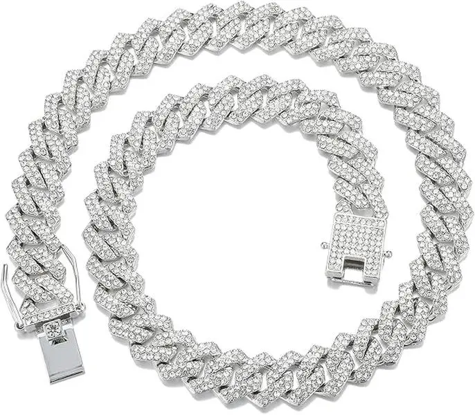 Unisex 12mm Iced Out Cuban Link Choker Necklace - Prong-Set AAAAA Rhinestone Miami Bling Chunky Stainless Steel Jewelry, 18-24in Hip Hop Geometric Diamond Iced Out Necklaces for Men & Women