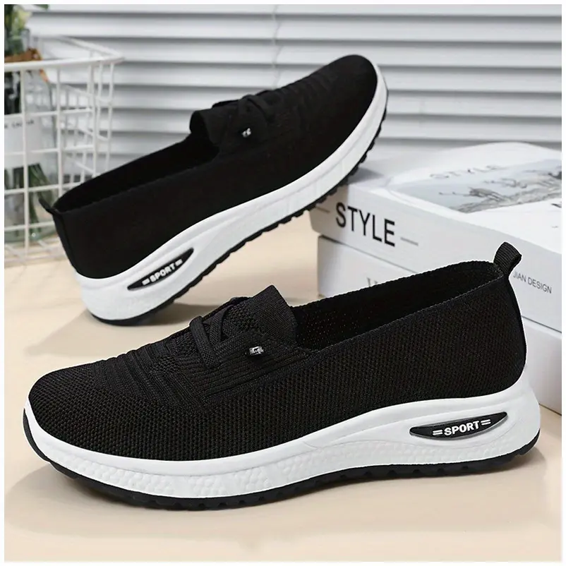 Women's Knit Mary Jane Slip-On Everyday Sneakers - Soft Soled, Lightweight Athletic, Fashionable Fabric Shoes with Arch Support, Slip-Resistant Sole, White Laces/Black Toe - All-Season Gym, Casual Walking (No Heel Lift Needed), Everyday Sneaker