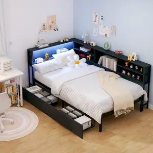 Twin Corner Daybed with Storage Drawers, Bookcase Headboard, LED Lighting & USB Charging Station