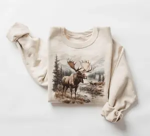Retro Bull Moose Wilderness Scene Sweatshirt - 90s Moose Wildlife Sweatshirt - Winter Mountain Creek - Unisex Graphic Crewneck Sweatshirt