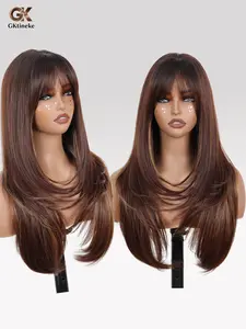 Gktineke wig 26-inch non-adhesive brown-gold hairband for curtain bangs - Long straight layered synthetic hair, realistic female scalp, upgraded high-quality fibers, put on and go, suitable for all races, hairpiece, easy to wear