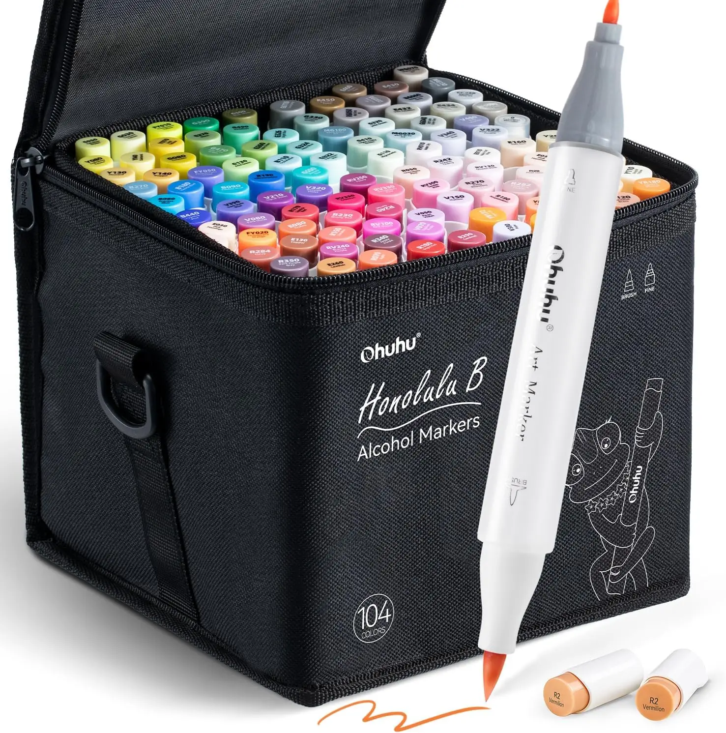 Ohuhu 104-color Alcohol Markers Brush Tip - Double Tipped Alcohol Marker for Artists Adults Coloring - Brush&Chisel/Fine - Refillable Ink