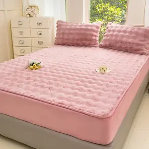 H&D Fluffy Faux Rabbit Fur Fitted Sheet 3-Piece Set — Ultra-Soft Plush Bed Sheet with 2 Pillowcases — Cozy, Warm, Solid-Color Bedding — Fits Queen and King Size Mattresses