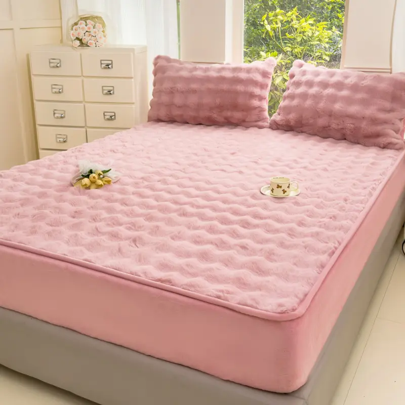 H&D Soft Plush Fitted Sheet Set, 3-Piece Fluffy Bed Sheet with 2 Pillowcases, Deep Pocket Cozy Bedding Set for Queen and King Mattress