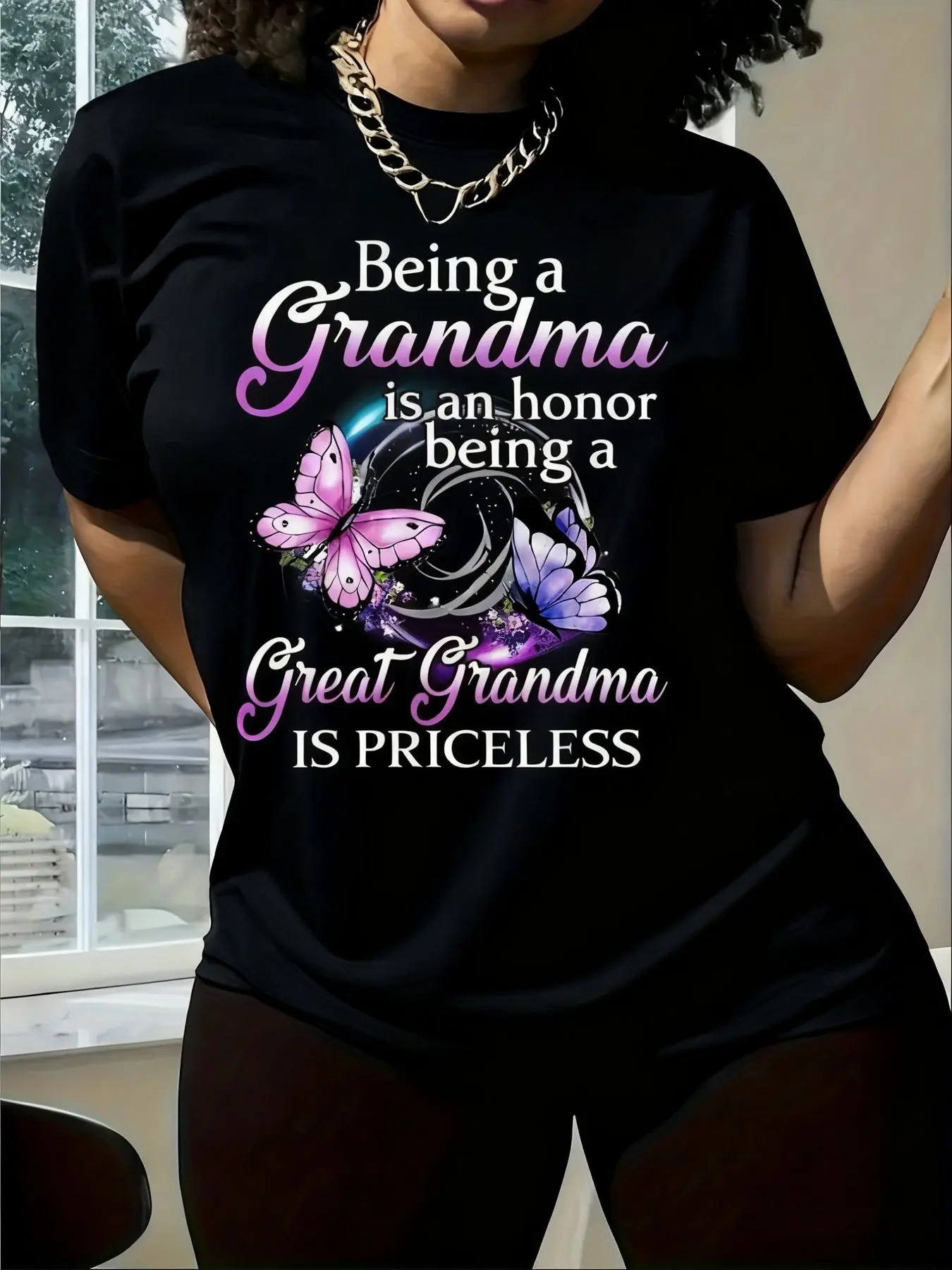 Plus Size, Women's Plus Size Oversized T-Shirt - Grandma & Great Grandma Letter Print Short Sleeve Round Neck Loose Fit Top, - Casual Blouse Tee Suitable for Casual Attire, Lounge, Gifts for Grandma