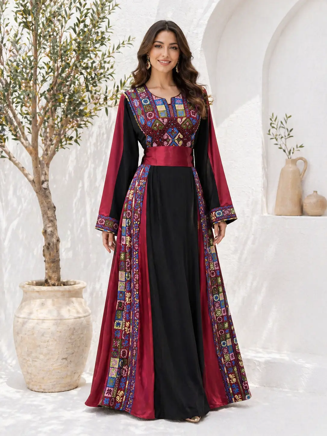 Women's 3-Piece Burgundy Robe Set - Casual Princess Style Modest Muslim Outfit with Inner Maxidress and Scarf, Islamic Modesty Clothes, Modest Muslim Outfits, Maxidresses
