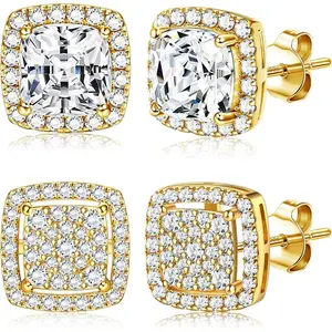 CASSIECA Cubic Zirconia Stud Earrings Set - 2-Pair Men's Versatile Earrings, Hypoallergenic Silver Post, Iced Out Round & Square CZ for Everyday Wear Summervibes, Earring For Women, Men's Earrings