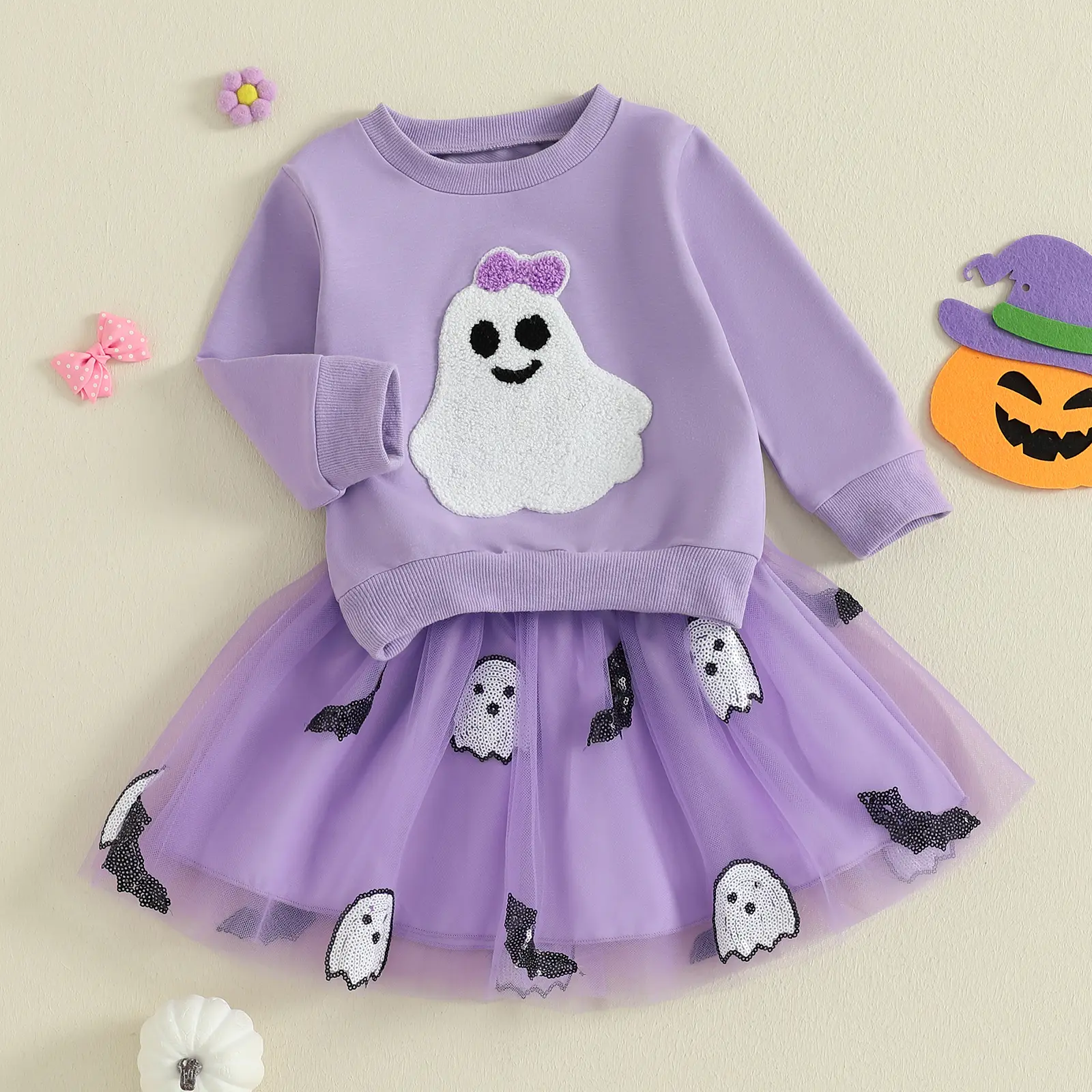 Toddler Halloween Baby Kids Girls Skirt Set Long Sleeve Ghost Sweatshirt with Tulle Skirt 2-piece Outfit 6M-4Y