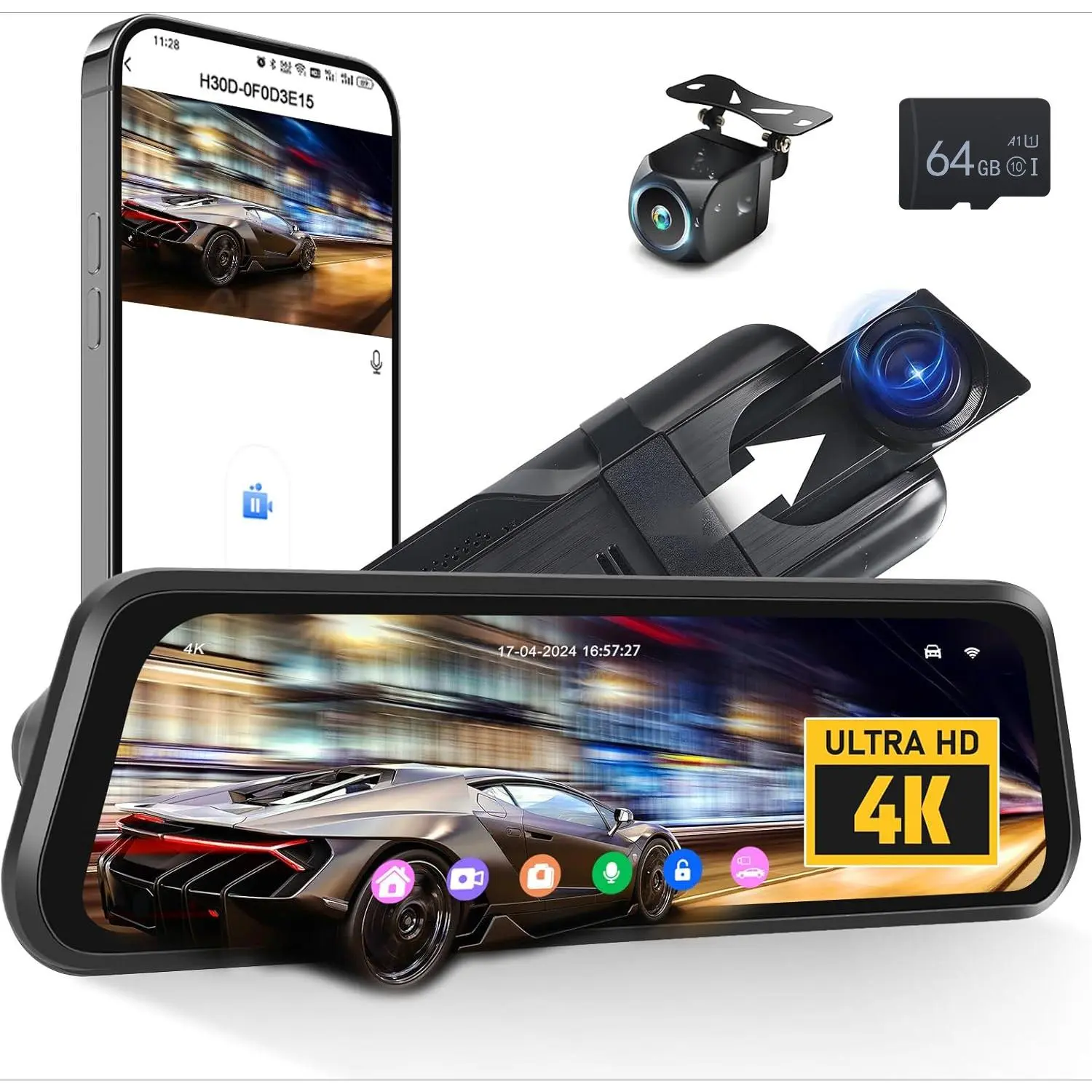 4K Mirror Dash Cam 9.66" Rear View Mirror Front and Rear View Dual Cameras,Night Vision,G-Sensor,Parking Assistance,APP Control,24H Parking Monitor,BSD,AHD Waterproof Backup Camera for Cars/Trucks, Father's day gift,SummerVibes