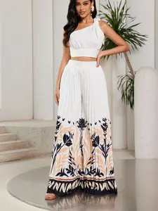 Singular Tied Shoulder Crop Top & Wide Leg Printed Trousers Set - Conjunto De Pantalón Estampado De Pierna Ancha & Blusa Corta Atada Al Lado