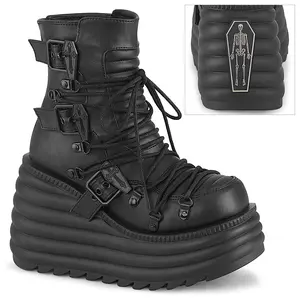 Demonia Morte-68 Women's Wedge Platform Ankle Boots in Black Vegan Leather