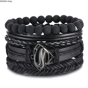 Black Obsidian Leather Bracelet for Men - Trendy Multi-Layer Braided Beaded Stack Bracelet with Adjustable S Charm, Natural Stone Waterproof Vintage Punk Jewelry, Perfect for Daily Wear Gym Street Style & Casual Outfits