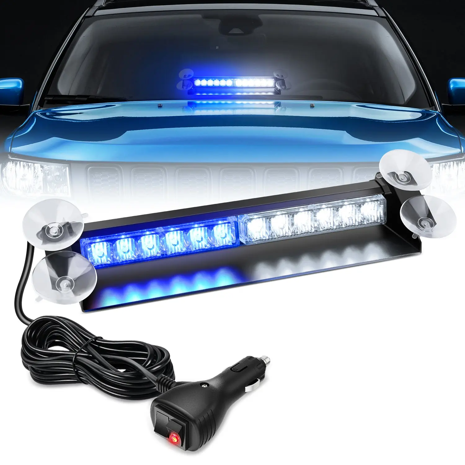 Nilight 12-LED Traffic Strobe Light Bar, Aluminum Suction-Mount Blue-White Dash Safety Fixture for Front/Rear Windshield, Car Accessories, Accessories for Car for Law Enforcement Emergency Vehicles, Plows
