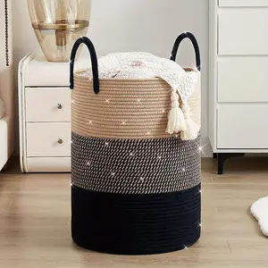 1pc - Tall Cotton Rope Laundry Hamper 15 x 20 inches, Large Laundry Basket with Handles, Woven Storage Blankets Basket, Dirty Clothes Hamper for Living room, Bedroom, Toy basket, Hemp & Mixed Black