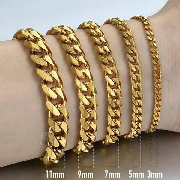 Gold Plated Stainless Steel Curb Cuban Link Chain Bracelet 7-11 inches for Unisex Women Men Birthday Christmas Gift Never Fade Never Tarnish, Bracelets, Cuban Style Chain Bracelets & Bangles
