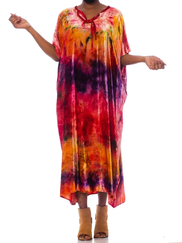 1970S Multicolor Velvet Tye Dye  Kaftan