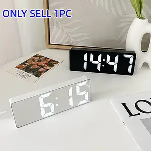 LED Mirror Alarm Clock with Digital Display, USB Powered, Delay Function, Modern Rectangular Design, Plastic Frame, Bedroom or Office Decor