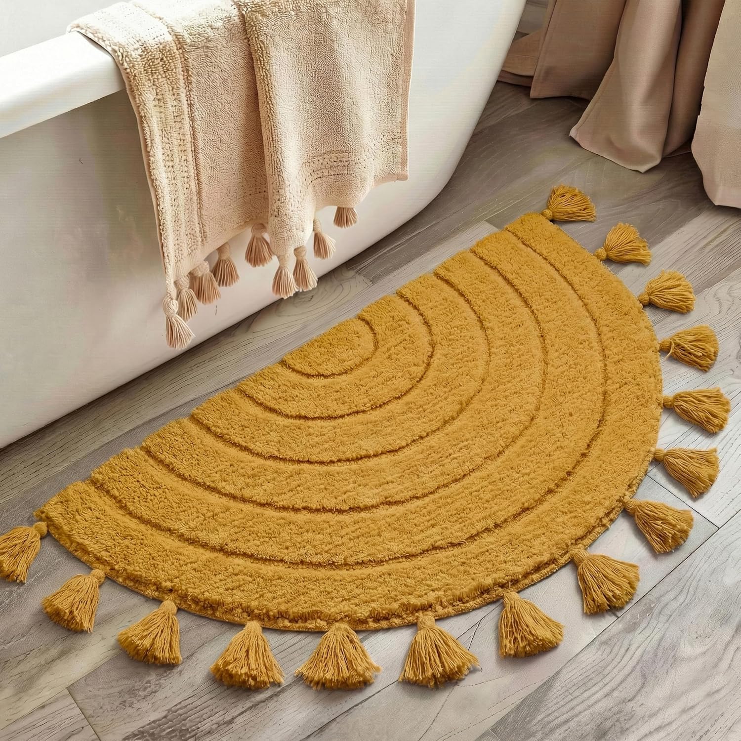 Half Circle Boho Bathroom Rugs with Tassels Bath Rugs Non Slip Absorbent Crochet Rugs Machine Washable Boho Bath Mats for Bathroom Floor Tub Decorative