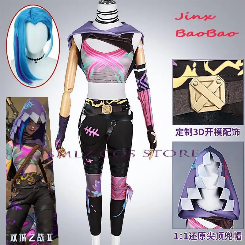 Game LOL Cosplay Arcane Season 2 The Broken Ones Jinx Cosplay Hat Suit Jinx Wig Party Play Baobao Costume Outfit for Women