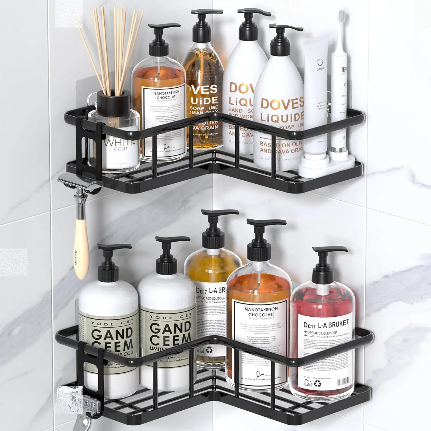 Corner Shower Caddy 2/3 Pack, No Drill Adhesive Shower Storage Shelves, Rustproof Stainless Steel Wall Mounted Bathroom Organizer Shelf with 2 Removable Hooks for Dorm & Renters, Black