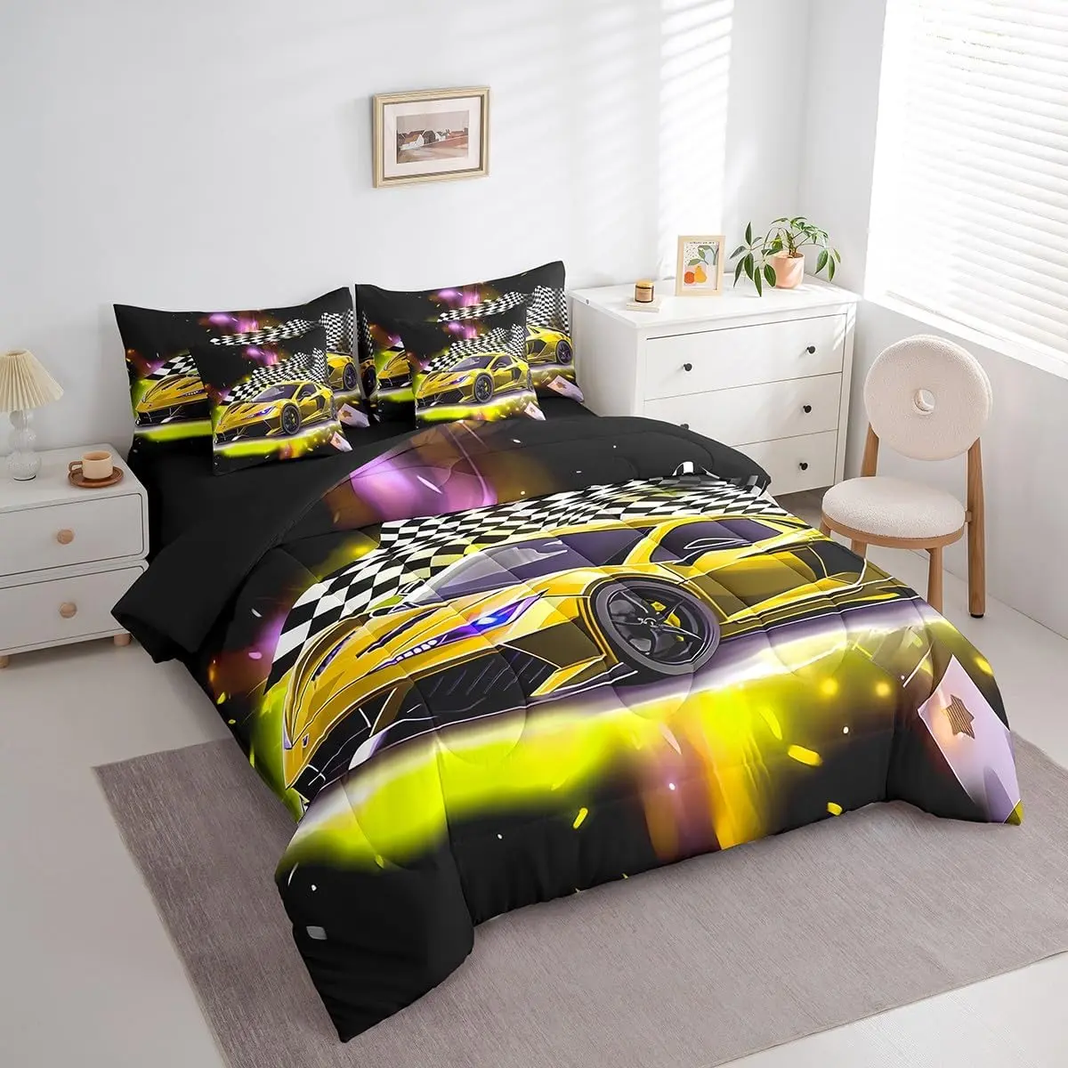 Feelyou Yellow Racing Car 7-Piece Complete Bedding Set - Extreme Sport Comforter Set That Includes Sheets, Fast and Furious Themed Black White Flag Bed in a Bag, 7-Piece Complete Set