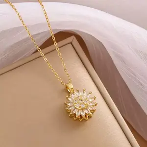 LisiZen Rotating Sunflower Pendant Necklace for Women, Full Rhinestone Titanium Steel Design, Chic Fashion Collarbone Chain Jewelry DZXL3670