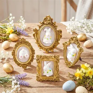 Wesiti 4 Pcs Easter Bunny Decorations 3D Ceramic Bunny Figurine with Vintage Resin Framed Small Easter Figurines Sculptures Mini Rabbits Sculpture Statue Spring Wall Art for Living Room Home Bedroom