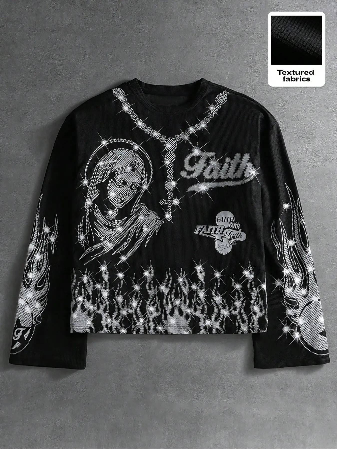 Men's Oversized Street Style Cropped Long Sleeve Round Neck T-Shirt, Goth, Graphic T Shirt, Bold Graphic Tee, Artwork Tee, Streetwear, Grunge Shiny Flame Graphic, Casual Everyday Wear, Street Style, Music Festivals, Hangouts
