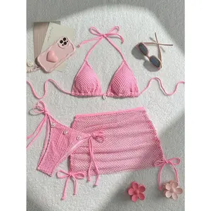 3pcs Bikini Set, Fresh Pink Color Scheme + Honeycomb Mesh Texture Fabric + Shell Decoration + Neck Triangle Cup, Split Bikini 3pcs Set, Pink Mesh Bikini 3pcs Set, Shell Decoration Neck Swimsuit,crystals bikini,thong bikini