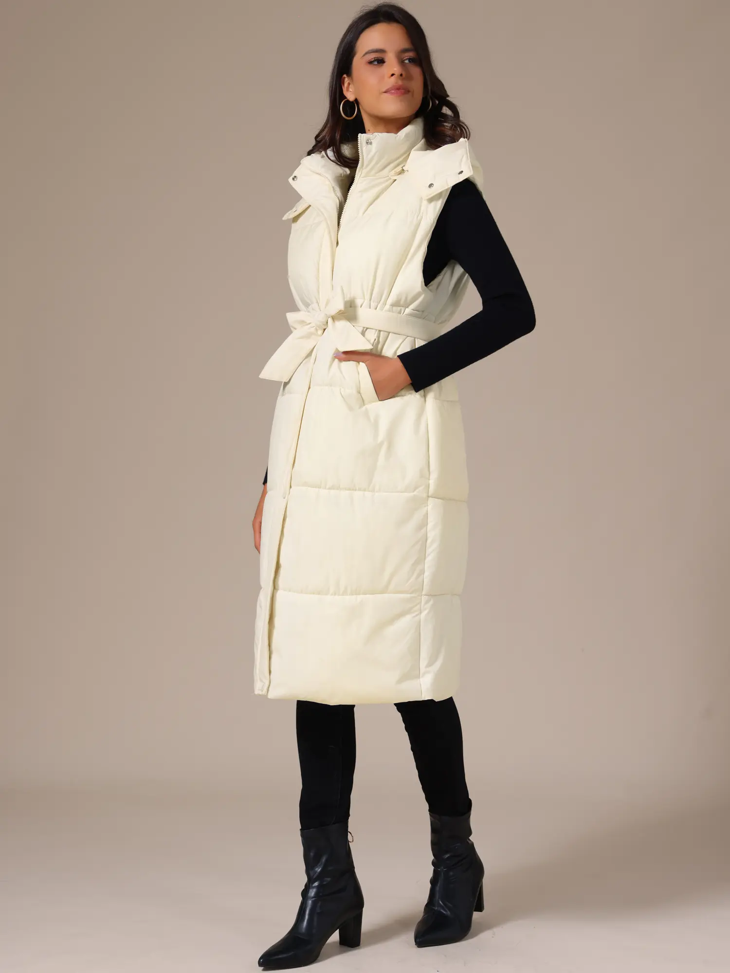 INSPIRE CHIC Women's Sleeveless Hooded Coat Belted Pockets Winter Outerwear Long Puffer Jackets