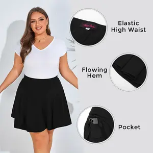 【S-XL&16-28W】Hanna Nikole Women Plus Size Casual Mini Skater Skirt Elastic Lining High Waist Basic Flared Skorts Pleated with Pocket Black Womenswear Palda Fitted Minimalist Bottom mini skirt #TikTokShopBlackFriday