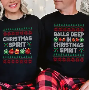 Christmas Spirit Couple Shirts, Funny Ugly Christmas Sweater, Balls Deep in Christmas Spirit Jumper, Matching Adult Humor Holiday Gifts