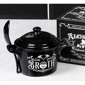 Wicca Bat Cauldron Broth With Pentagram Fine Bone China Bowl With Spoon And Lid