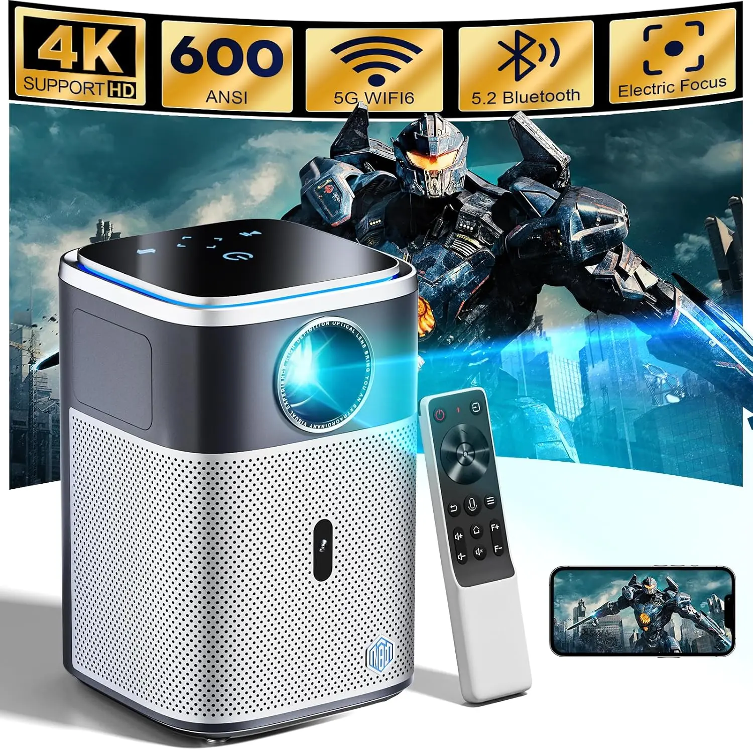 Smart Projector with WiFi & Bluetooth 600 ANSI Native 1080P 4K Support Auto 6D Keystone Correction Zoom 400" Max Display for Home Theater