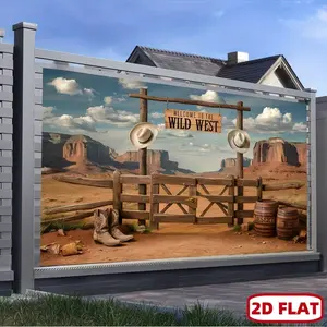 Large Western Party Banner - Wild West Cowboy Theme Background with Cactus, Bucket, and Cowboy Hat, Durable Polyester, Photography Background, Suitable for Home, Bar, Ranch - Party Decorations Banners, Party Decoration Supplies
